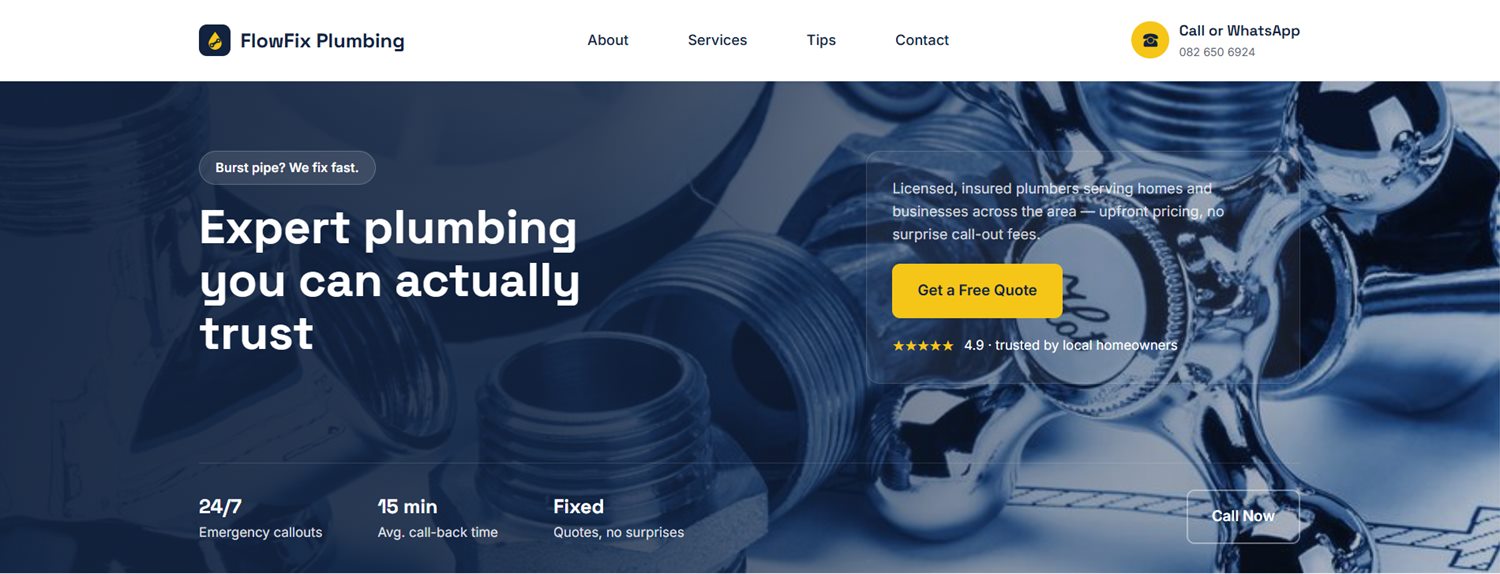 FlowFix Plumbing concept homepage: blue duotone hero of plumbing fittings, the headline "Expert plumbing you can actually trust", a Get a Free Quote panel, and stats for 24/7 callouts and a 15 minute call-back time.
