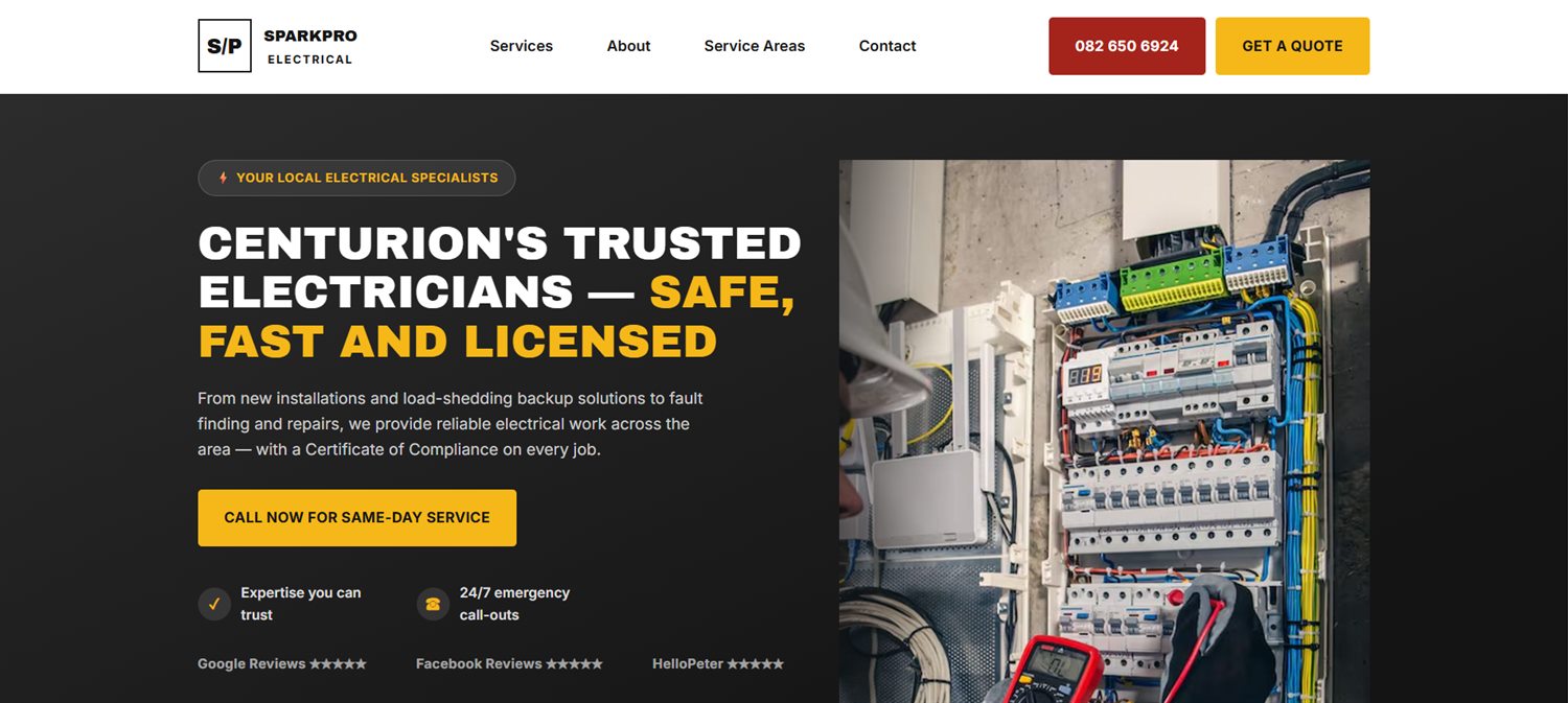 SparkPro Electrical concept homepage: dark hero with the headline "Centurion's trusted electricians — safe, fast and licensed", a yellow same-day service button, and a photograph of a distribution board.